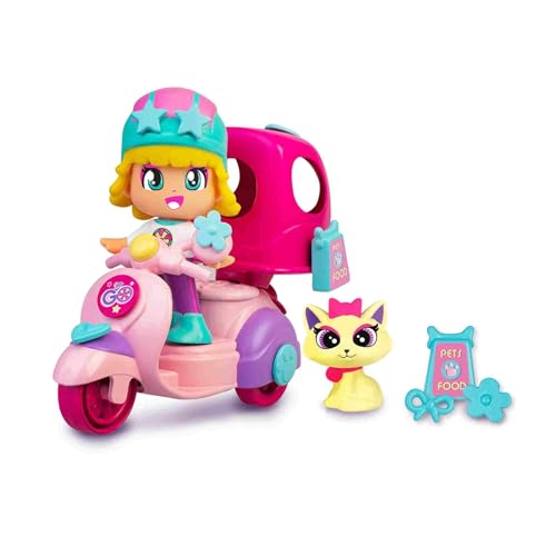 Pinypon - Let's Go! Motorrad und Haustier, rosa, mit einem Haustierträger, einem kleinen Spielzeugkätzchen und Einer Mini-Pop&Swap-Puppenfigur, für Kinder ab 3 Jahren, Famosa (PNY37200) von Pinypon