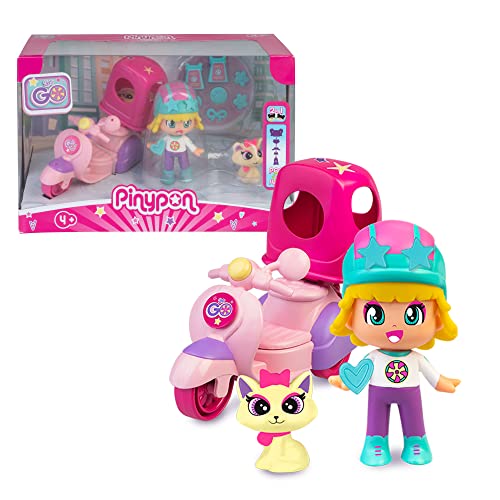 Pinypon - Let's Go! Motorrad und Haustier, rosa, mit einem Haustierträger, einem kleinen Spielzeugkätzchen und Einer Mini-Pop&Swap-Puppenfigur, für Kinder ab 3 Jahren, Famosa (PNY37200) von Pinypon