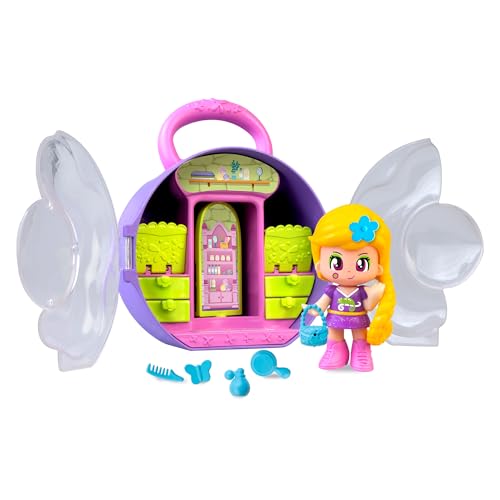 Pinypon Fairy Tale Stories mit Tasche, Lila Handtasche mit Griff, Rapunzel Märchenwelt Figur, Garderobe zur Aufbewahrung von Accessoires und Kleidung, inklusive 3 kleine Accessoires, Famosa (PNY82100) von Pinypon
