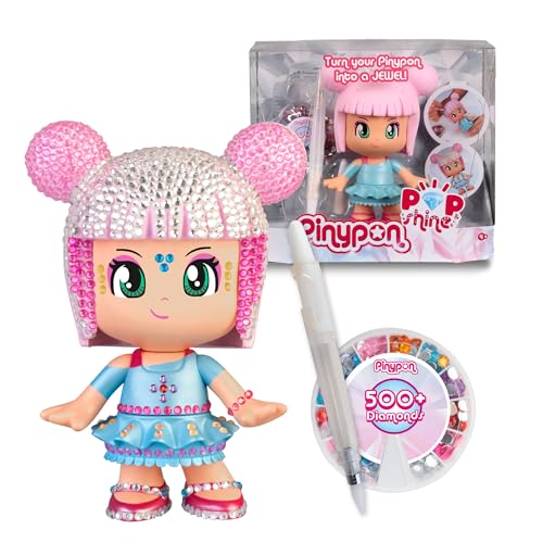 Pinypon Pop & Shine Figur 17 cm zum Dekorieren und Personalisieren mit 500 funkelnden Kristallen in 7, inklusive Klebestift und Ersatzmine, 4 Jahre, Famosa (PNY57000) von Pinypon