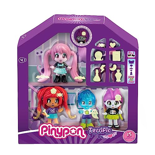 Pinypon - Terrific Friends, 4er-Pack Vampir-Figuren, Werwölfin, Skelettmädchen und Geisterjunge, Puppen mit Dekorationen und Accessoires, die im Dunkeln leuchten, +4 Jahre, Berühmt (PNY47000) von Pinypon