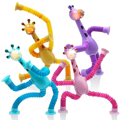 4 Stück Teleskop Saugnapf Giraffen Spielzeug Mit 4 Stück Pop Tubes Fidget Toys, Cartoon Giraffe Stretch Röhren Spielzeug Saugnapf Spielzeug, Giraffe Sensorik Spielzeug Stress Spielzeug von Pipihome