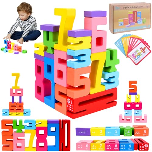 Pipihome Number Blocks Montessori Spielzeug, Zahlenbausteine, Holz Zahlenblock Spielzeug Set für Kinder, Holzbausteine Bauklötze, Zahlenbausteine zum Stapeln, Geschenke für Mädchen Jungen Kinder von Pipihome