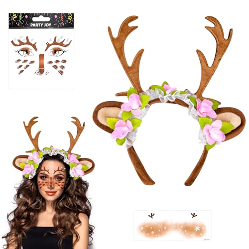 Pipihome Reh Haarreif Reh Kostüm Damen Kinder Erwachsene Faschingskostüme damen Reh Geweih Haarreif Reh Ohren Rentier Haarreif mit Blumen, Reh Gesichtstattoo, Cosplay Party Reh Kostüm Zubehör von Pipihome