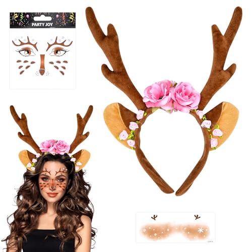 Pipihome Reh Haarreif Reh Kostüm Damen Kinder Erwachsene Faschingskostüme damen Reh Geweih Haarreif Reh Ohren Rentier Haarreif mit Blumen, Reh Gesichtstattoo, Cosplay Party Reh Kostüm Zubehör von Pipihome