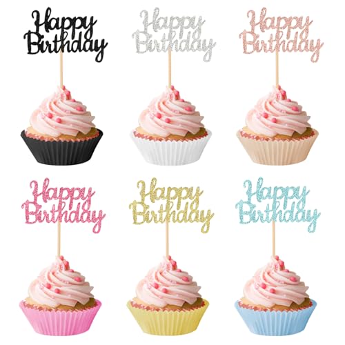 Piriuuo 24 Stück Happy Birthday Cupcake Toppers, Glitzernde Geburtstag Kuchen Topper Happy Birthday Tortendeko, Cupcake-Topper-Stäbchen zum Geburtstag für Party Cupcake Dekorationen, 6 Farben Piriuuo 24 Stück Happy Birthday Cupcake Toppers, Glitzernde Geburtstag Kuchen Topper Happy Birthday Tortendeko, Cupcake-Topper-Stäbchen zum Geburtstag für Party Cupcake Dekorationen, 6 Farben von Piriuuo