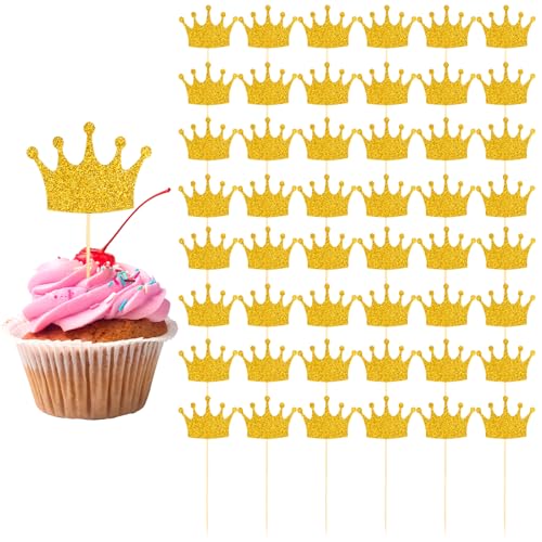 Piriuuo 50 Stück Kronen Cupcake Topper, Goldenem Glitzer Prinzessinnen CupcakeTopper Geburtstag Königin Kronen Cupcake Dekorationen Tortendeko Kuchen für Hochzeit Geburtstag Babyparty Hochzeit Party von Piriuuo