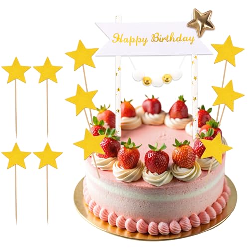 Piriuuo Cake Topper Set Happy Birthday mit 10 Gold Cupcake-Aufsätzen in Sternenform Holz Kuchendeko Geburtstag Cake Topper Banner Acryl Tortendeko Happy Birthday Tortendeko Geburtstag, Cupcake Topper von Piriuuo