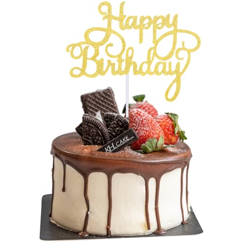Piriuuo Tortendeko Geburtstag, „Happy Birthday“ Cake Topper Glitzer Geburtstag Cupcake Toppers Geburtstag Party Kuchen Deko für Männer, Frauen, Jungen, Mädchen (1 Stück, Gold) von Piriuuo