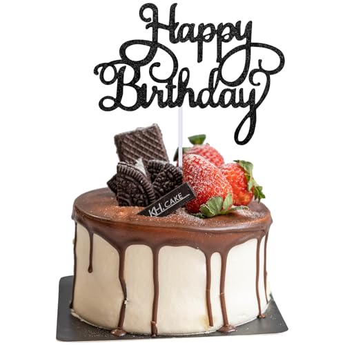 Piriuuo Tortendeko Geburtstag, „Happy Birthday“ Cake Topper Glitzer Geburtstag Cupcake Toppers Geburtstag Party Kuchen Deko für Männer, Frauen, Jungen, Mädchen (1 Stück, Schwarz) von Piriuuo