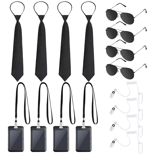 Pistha 16 Stück Agent Kostüm Zubehör Geheimdienst Kostüm Set Ohrstücke Sonnenbrille Krawatten ID-Karten für Männer Jungen Halloween Cosplay von Pistha