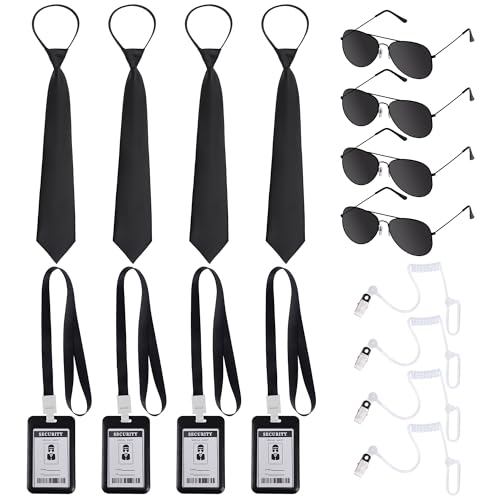Pistha 16 Stück Agent Kostüm Zubehör Geheimdienst Kostüm Set Ohrstücke Sonnenbrille Krawatten ID-Karten für Männer Jungen Halloween Cosplay von Pistha