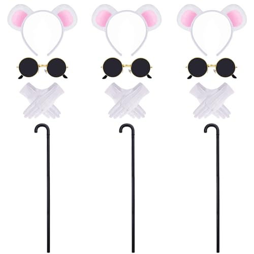 Pistha 3 Set Maus Kostüm Zubehör, Maus Ohren Stirnband Sonnenbrille Blind Cane Weiße Handschuhe für Halloween Erwachsene Frauen Männer von Pistha