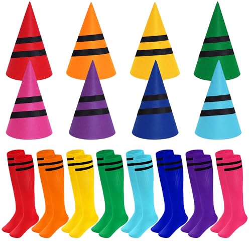 Pistha 8er-Set Buntstift-Hut und Halloween-Socken, Zwergkappe, Elfenhut, kniehohe Buntstift-Socken für Damen, Mädchen, Schulgruppenkostüm, Mehrfarbig, Einheitsgröße von Pistha
