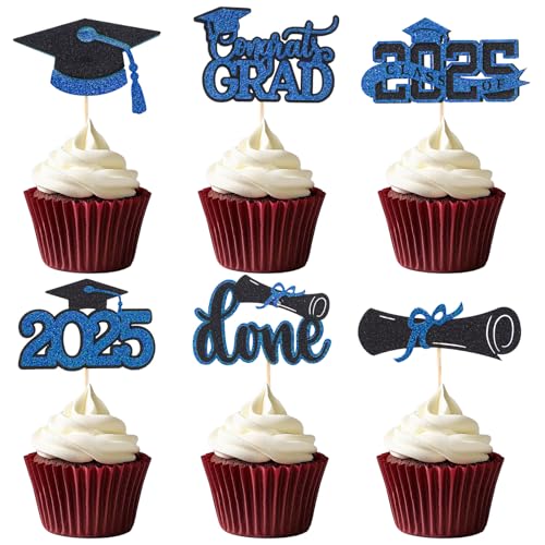 Pistha Cupcake-Topper zum Schulabschluss 2025, Grad 2025, für Abschluss-Kuchendekorationen, Blau, 48 Stück von Pistha