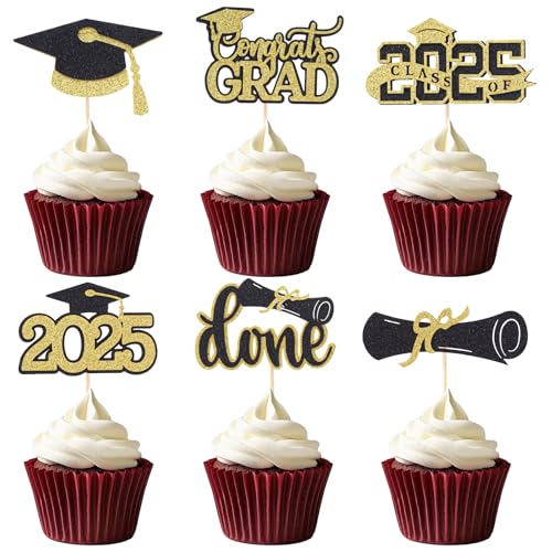 Pistha Cupcake-Topper zum Schulabschluss 2025, Grad 2025, für Abschluss-Kuchendekorationen, Gold, 48 Stück Pistha Cupcake-Topper zum Schulabschluss 2025, Grad 2025, für Abschluss-Kuchendekorationen, Gold, 48 Stück von Pistha
