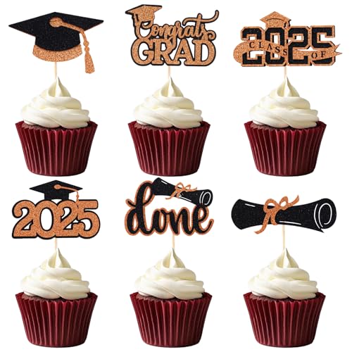 Pistha Cupcake-Topper zum Schulabschluss 2025, Grad 2025, für Abschluss-Kuchendekorationen, Orange, 48 Stück von Pistha