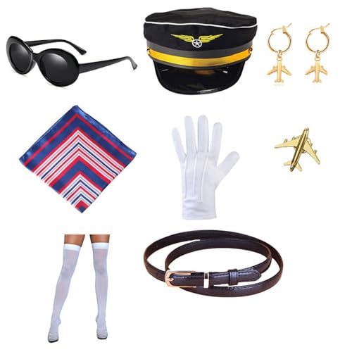 Halloween-Fluggesellschaftskapitän, Cosplay-Zubehör mit Hut, Uniform, Epauletten, Krawatte, Flugbegleiter, Stewardess-Kostüm-Set Halloween-Fluggesellschaftskapitän, Cosplay-Zubehör mit Hut, Uniform, Epauletten, Krawatte, Flugbegleiter, Stewardess-Kostüm-Set von Pitadue