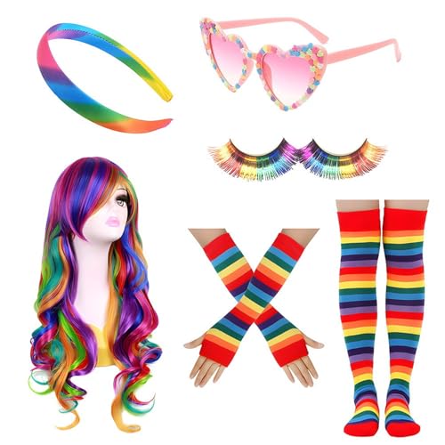 Pitadue Kostüm-Set, Regenbogenfarben, Stirnband, Ohrringe, Brille, Rock, Beinärmel, lange Handschuhe, Damen, Halloween-Kostüm-Zubehör Pitadue Kostüm-Set, Regenbogenfarben, Stirnband, Ohrringe, Brille, Rock, Beinärmel, lange Handschuhe, Damen, Halloween-Kostüm-Zubehör von Pitadue