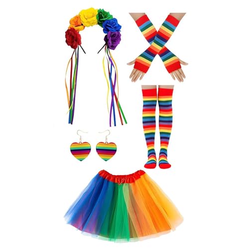 Pitadue Kostüm-Set, Regenbogenfarben, Stirnband, Ohrringe, Brille, Rock, Beinärmel, lange Handschuhe, Damen, Halloween-Kostüm-Zubehör Pitadue Kostüm-Set, Regenbogenfarben, Stirnband, Ohrringe, Brille, Rock, Beinärmel, lange Handschuhe, Damen, Halloween-Kostüm-Zubehör von Pitadue