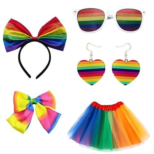 Pitadue Kostüm-Set, Regenbogenfarben, Stirnband, Ohrringe, Brille, Rock, Beinärmel, lange Handschuhe, Damen, Halloween-Kostüm-Zubehör Pitadue Kostüm-Set, Regenbogenfarben, Stirnband, Ohrringe, Brille, Rock, Beinärmel, lange Handschuhe, Damen, Halloween-Kostüm-Zubehör von Pitadue