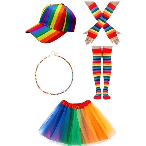 Pitadue Kostüm-Set, Regenbogenfarben, Stirnband, Ohrringe, Brille, Rock, Beinärmel, lange Handschuhe, Damen, Halloween-Kostüm-Zubehör Pitadue Kostüm-Set, Regenbogenfarben, Stirnband, Ohrringe, Brille, Rock, Beinärmel, lange Handschuhe, Damen, Halloween-Kostüm-Zubehör von Pitadue
