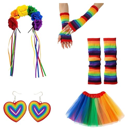 Pitadue Kostüm-Set, Regenbogenfarben, Stirnband, Ohrringe, Brille, Rock, Beinärmel, lange Handschuhe, Damen, Halloween-Kostüm-Zubehör Pitadue Kostüm-Set, Regenbogenfarben, Stirnband, Ohrringe, Brille, Rock, Beinärmel, lange Handschuhe, Damen, Halloween-Kostüm-Zubehör von Pitadue