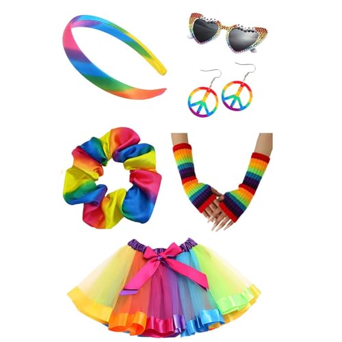 Pitadue Kostüm-Set, Regenbogenfarben, Stirnband, Ohrringe, Brille, Rock, Beinärmel, lange Handschuhe, Damen, Halloween-Kostüm-Zubehör von Pitadue