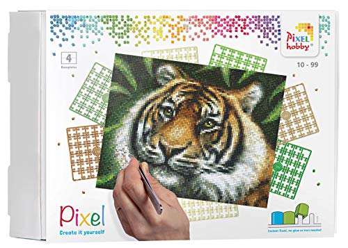Pixel P090028 Mosaik Geschenkverpackung Tiger, Pixelbild ca. 25,4 x 20,3 cm, kinderleichtes Stecksystem, ohne Bügeln und Kleben, Steinchen aus Biokunststoff, ideal für Kinder von Pracht Creatives Hobby