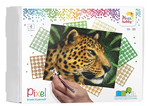 Pixel P090042 Mosaik Geschenkverpackung Leopard, Pixelbild ca. 25,4 x 20,3 cm, kinderleichtes Stecksystem, ohne Bügeln und Kleben, Steinchen aus Biokunststoff, ideal für Kinder von Pracht Creatives Hobby