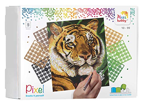 Pixel P090043 Mosaik Geschenkverpackung Tiger, Pixelbild ca. 30,5 x 38,1 cm groß, kinderleichtes Stecksystem, ohne Bügeln und Kleben, Steinchen aus Biokunststoff, ideal für Kinder von Pracht Creatives Hobby