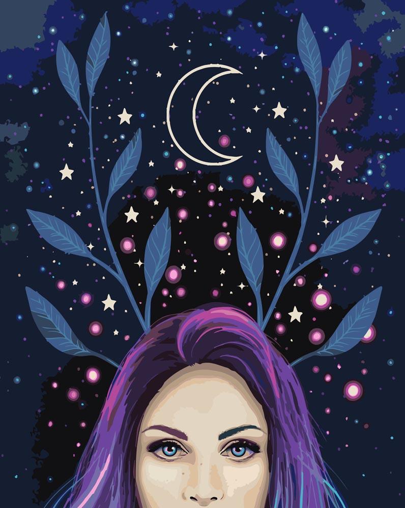 Malen nach Zahlen - Frau mit violetten Haar - by Pixie Cold, mit Rahmen von Pixie Cold