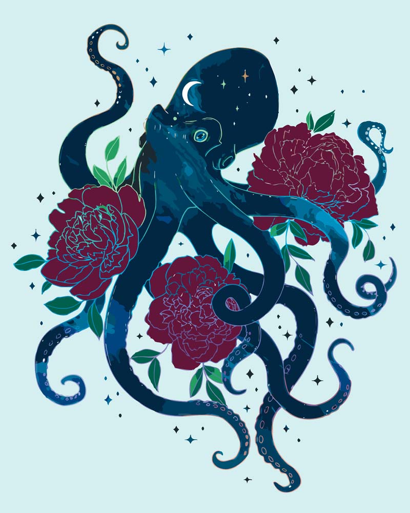Malen nach Zahlen - Kraken und Pfingstrosen - by Pixie Cold, ohne Rahmen Malen nach Zahlen - Kraken und Pfingstrosen - by Pixie Cold, ohne Rahmen von Pixie Cold