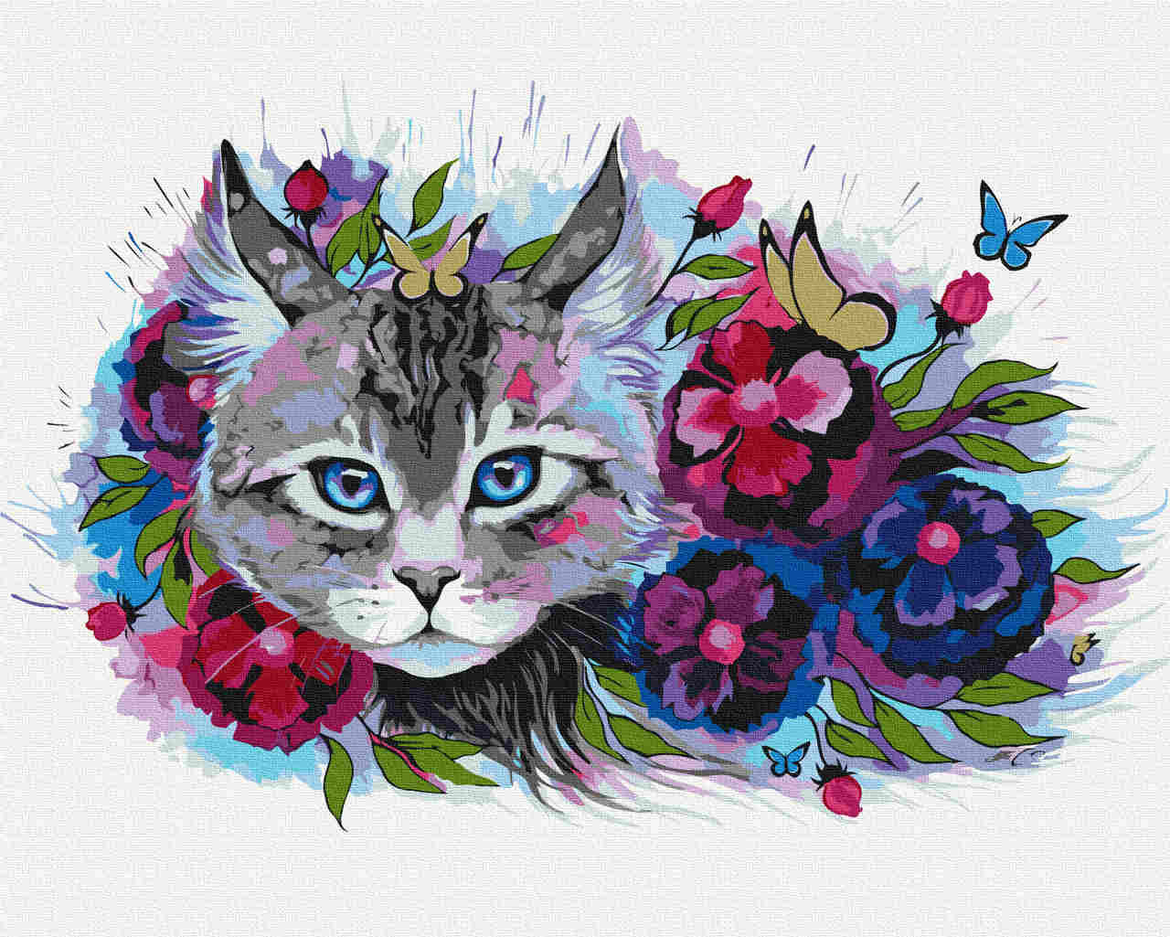 Malen nach Zahlen - cat flowers - by Pixie Cold, mit Rahmen von Pixie Cold