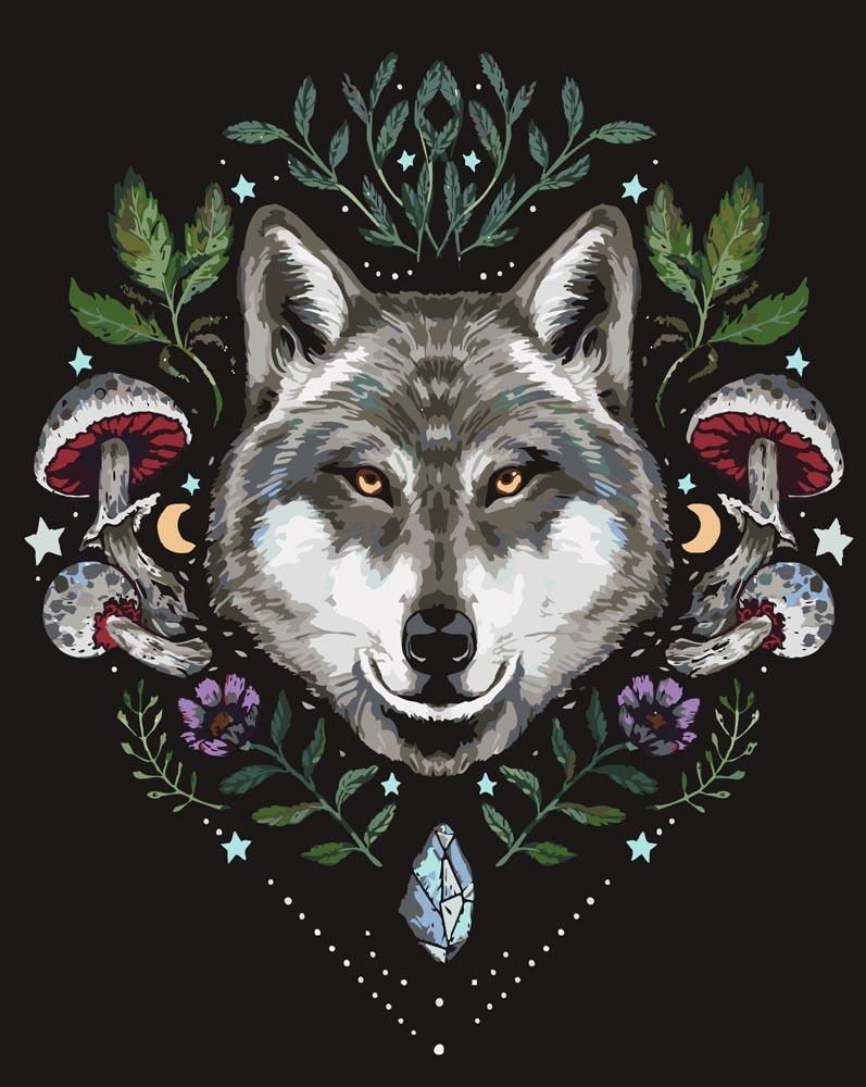 Malen nach Zahlen - spiritueller Wolf - by Pixie Cold, mit Rahmen von Pixie Cold