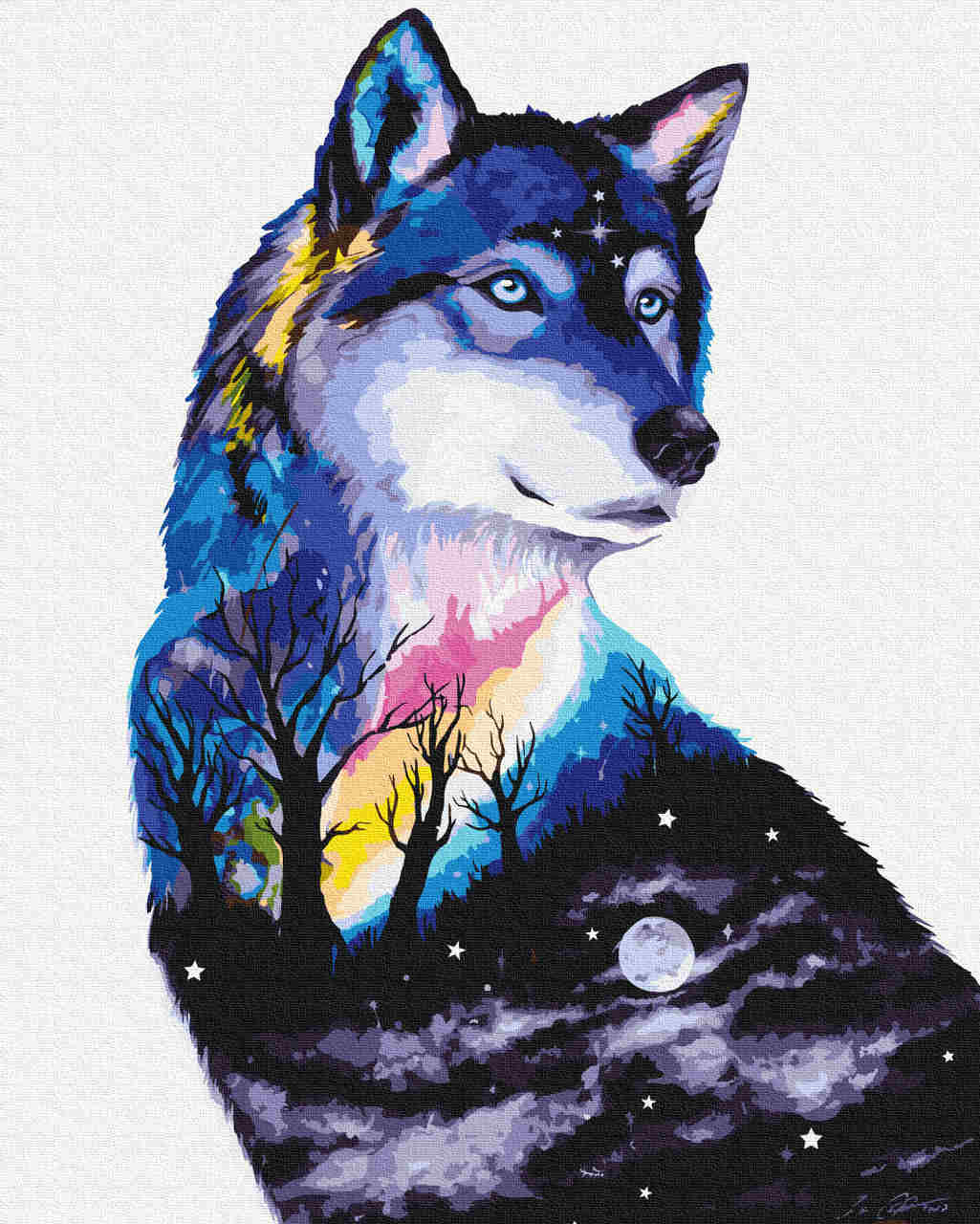 Malen nach Zahlen - wolf night - by Pixie Cold, mit Rahmen von Pixie Cold
