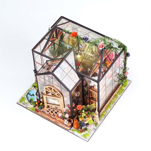 PizazzToy 3D Holz Puzzle Jenny Gewächshaus Modell mit LED, DIY Handicraft Fröhliche Miniatur-Kunsthäuschen 3D Steampunk Puzzle, Weihnachten 2025 Dekoration Geschenk Modell (Kit Version) von PizazzToy