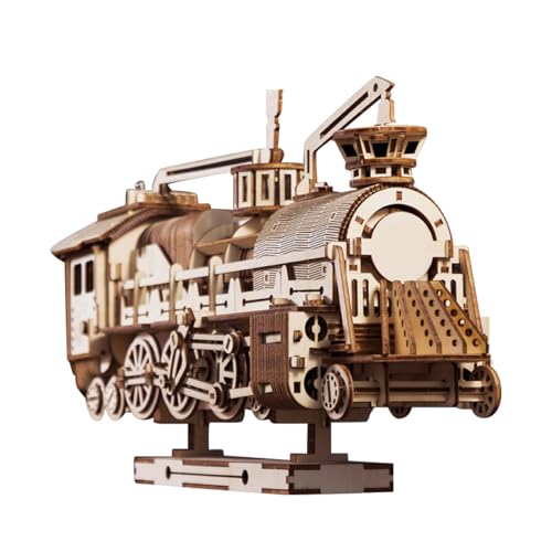 PizazzToy 3D Puzzle Holz Dampflokomotive Mechanik Getriebe Bausatz, DIY Montage 3D Holzpuzzle Zug Bastelset Weihnachten 2025 Dekoration Geschenk Modell, Dampflokomotive + Ständer (524 Teile) von PizazzToy