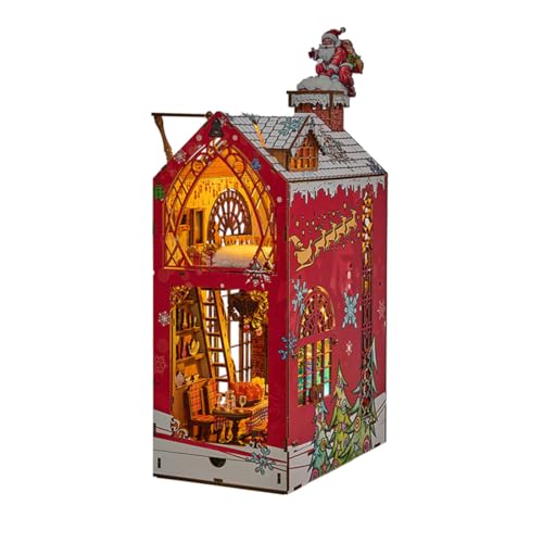 PizazzToy 3D Puzzle Holz Weihnachts-Thema Buchstütze, DIY Montage 3D Holzpuzzle Miniatur-Weihnachtshaus Bastelset Weihnachten 2025 Dekoration Geschenk Modell (Kit Version) von PizazzToy