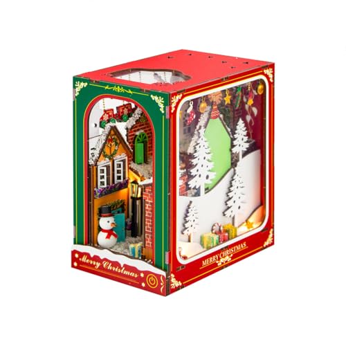PizazzToy 3D Puzzle Holz Weihnachtsbuchhaus für Erwachsene, DIY Montage 3D Holzpuzzle Miniaturhaus-Buchstütze Bastelset mit LED, Weihnachten 2025 Dekoration Geschenk Modell von PizazzToy