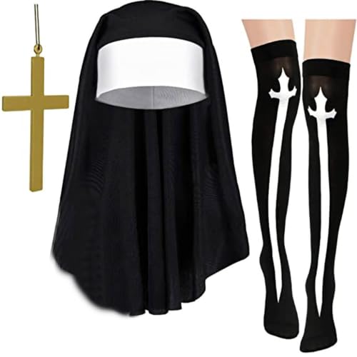 Pjeghbvop Nonnen-Kostüm-Set mit Anhänger, Halskette, Nonnenhut, Overknee-Socken, Halloween-Nonnen-Zubehör für Damen und Mädchen Pjeghbvop Nonnen-Kostüm-Set mit Anhänger, Halskette, Nonnenhut, Overknee-Socken, Halloween-Nonnen-Zubehör für Damen und Mädchen von Pjeghbvop