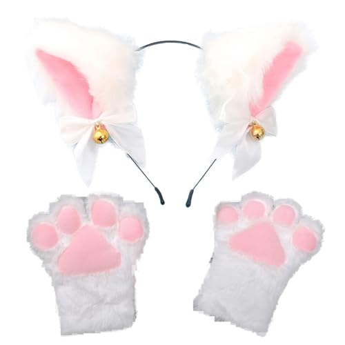 Pjeghbvop Ohren-Stirnband und Pfoten-Handschuhe, Set für Mädchen, Anime-Cosplay-Kostüm für Mädchen, Kinder, Weihnachten, Halloween, Party, Verkleiden von Pjeghbvop