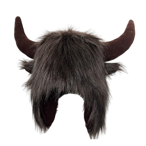 Pjeghbvop Winter-Kopfbedeckung mit coolen Hörnern, geeignet für Bühnenshows, Halloween, Cosplay, stilvoller Pelzhut mit Hörnern von Pjeghbvop