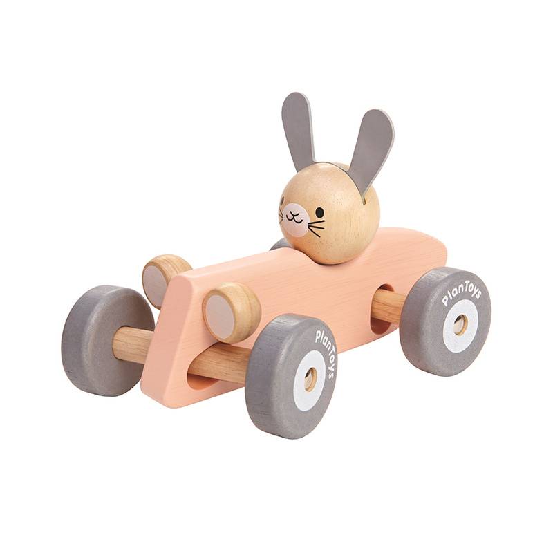 Holzauto RENNWAGEN MIT HASE in rosa von Plan Toys
