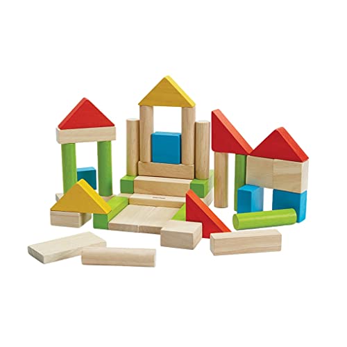 PlanToys Wooden Building Blocks - 40 Unit Blocks Natural and with Color (5513) | Sustainably Made from Rubberwood and Non-Toxic Paints and Dyes von PlanToys