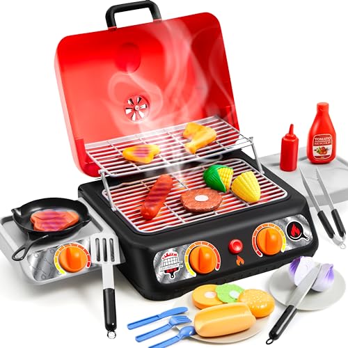 PLAY-ACT Großes 2-Lagiges Kinder Grill Spielzeug Küche Zubehör, Grill Mit Spielküche Zubehör Vorgetäuschtem Rauch/Licht/Geräusch, Kindergrill Geschenkküche für Jungen und Mädchen von Play-Act