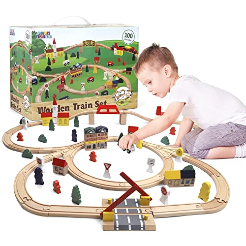 Play Build Holzeisenbahn Set Für Kinder 100–Teiliges Komplettes Holz Eisenbahnen Set– Interaktives Spiel- Und Lernset – Kreatives Holzeisenbahn-Design – Premium-Qualität Eisenbahn Holz –Ab 3 Jahren von Play Build