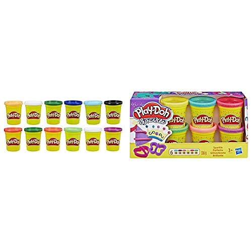 Play-Doh E4830F03 12er-Pack mit Spielknete in Grundfarben, 112g-Dosen in recycelbarer Verpackung, ab 2 Jahren & 5417EU9 A5417EU8 Glitzerknete für fantasievolles und kreatives Spielen, Multicolor von Play-Doh