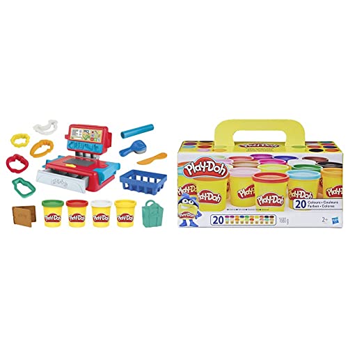 Play-Doh E68905L0 Supermarkt-Kasse Spielzeug für Kinder ab 3 Jahren mit lustigen Geräuschen, Zubehör und 4 Farben & A7924EUC Super Farbenset (20er Pack), Knete für fantasievolles und kreatives Spielen von Play-Doh