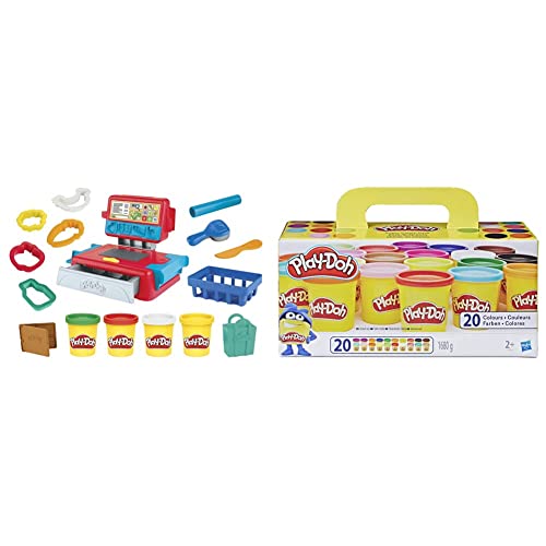 Play-Doh E68905L0 Supermarkt-Kasse Spielzeug für Kinder ab 3 Jahren mit lustigen Geräuschen, Zubehör und 4 Farben & A7924EUC Super Farbenset (20er Pack), Knete für fantasievolles und kreatives Spielen von Play-Doh